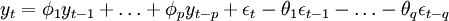 y_t=phi_1 y_{t-1}+ldots+phi_p y_{t-p}+epsilon_t-	heta_1epsilon_{t-1}-ldots-	heta_qepsilon_{t-q}