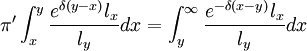 pi 'int_x^y frac{e^{delta (y-x)}l_x}{l_y}dx=int_y^{infty}frac {e^{-delta (x-y)}l_x}{l_y}dx